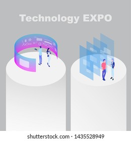 Technology expo stand exhibition with future screens and human characters vector isometric illustration 