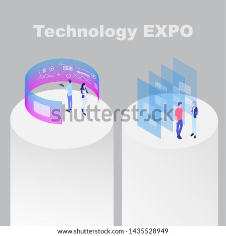 Technology expo stand exhibition with future screens and human characters vector isometric illustration 