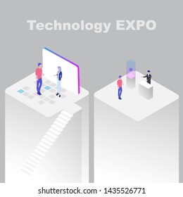 Technology expo stand exhibition with human characters vector isometric illustration 