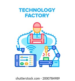 Technology Factory Production Vector Icon Concept. Plant Worker And Technology Factory Production, Robotic Arm For Manufacturing Products And Remote Control Industry System Color Illustration