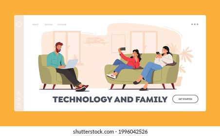 Technology and Family Landing Page Template. Characters Mother, Father and Daughter with Digital Devices Use Internet. Parents and Child at Home Using Gadgets. Cartoon People Vector Illustration