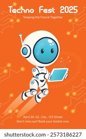 technology festival flyer template  with cute robot with tablet flat vector illustration