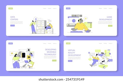 Technology fields set. Women engaging in data centers, game, wearable, and virtual reality development. Four scenes of digital innovation. Vector illustration.