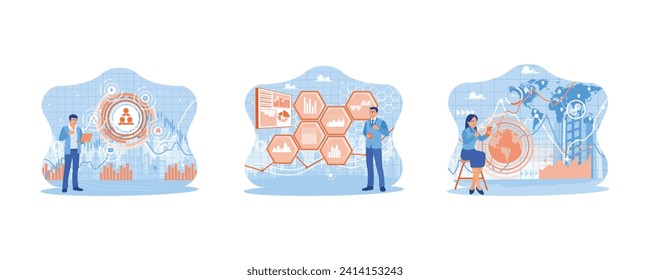 Technology and finance concept. Businessman using a laptop and stock market investment. Digital tablet with abstract digital business hologram. Businesswoman using digital tablet. 