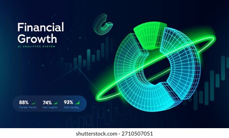 Visualisierung der Technologiefinanzierung. Geschäftsdatenanalyse. Finanzwachstumsdiagramm mit 3D-Analyse-Tortendiagramm und digitalem Datenraster. Finanzgrafiken, Marketing, Vektorgrafik des Aktienmarktes.