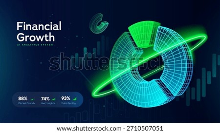 Technology Finance Visualization. Business Data Analysis. Financial Growth Chart With 3D Analytics Pie Chart And Digital Data Grid. Financial Graphs, Marketing, Stock Market Vector Illustration.