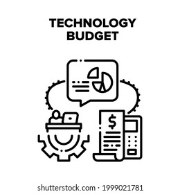 Technology Financial Budget Vector Icon Concept. Accountant Counting And Calculating Technology Financial Budget On Laptop And Calculator. Money Finance Analysis Black Illustration
