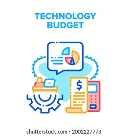 Technology Financial Budget Vector Icon Concept. Accountant Counting And Calculating Technology Financial Budget On Laptop And Calculator. Money Finance Analysis Color Illustration