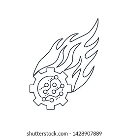 Technology and flame icons. Technological catastrophe. Equipment breakdown. Vector linear icon.