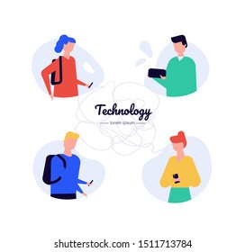 Technology - flat design style vector characters set. Teenagers chatting on smartphone illustrations set. Gadgets addiction. School children talking on phone, young people use modern gadgets