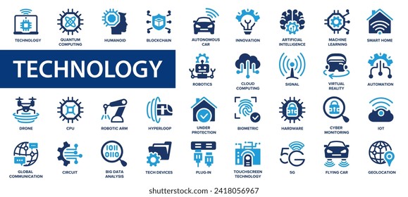 Technology flat icons set. Robot, biometric, 5g, innovation, smart, blockchain. Flat icon collection.