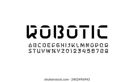 Technology font, digital alphabet, cyber Latin letters from A to Z and Arab numbers from 0 to 9, vector illustration 10EPS