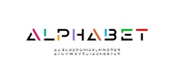 Technology font, digital cyber alphabet made multi-colored style, letters A, B, C, D, E, F, G, H, I, J, K, L, M, N, O, P, Q, R, S, T, U, V, W, X, Y, Z and numerals 0, 1, 2, 3, 4, 5, 6, 7, 8, 9