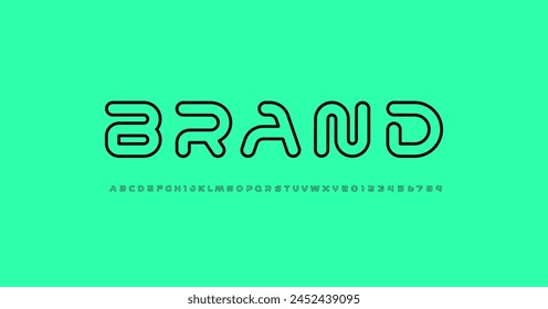 Tecnología fuente, alfabeto digital, letras redondeadas y números hechos en estilo contornos, Ilustración vectorial 10EPS