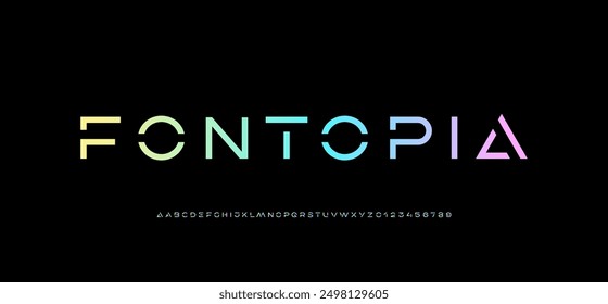 Technologie-Schriftart, digitales Cyber-Alphabet gemacht Futurismus-Stil, Buchstaben A, B, C, D, E, F, G, H, I, J, K, L, M, N, O, P, Q, R, S, T, U, V, W, X, Y, Z und Ziffern 0, 1, 2, 3, 4, 5, 6, 7, 8, 9 Raum-Stil