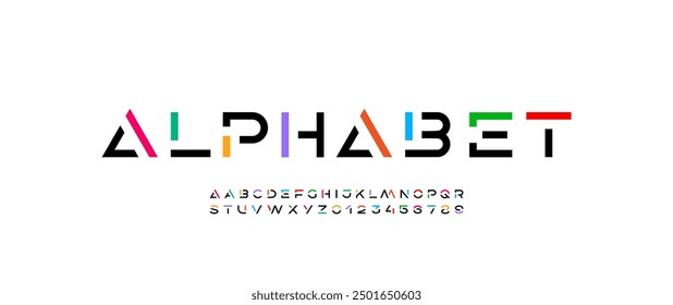 Technology font, digital cyber alphabet made multi-colored style, letters A, B, C, D, E, F, G, H, I, J, K, L, M, N, O, P, Q, R, S, T, U, V, W, X, Y, Z and numerals 0, 1, 2, 3, 4, 5, 6, 7, 8, 9