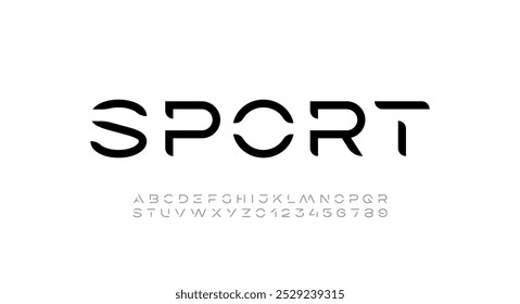 Technologie-Schriftart, digitales Cyber-Alphabet Sport Stil, Buchstaben A, B, C, D, E, F, G, H, I, J, K, L, M, N, O, P, Q, R, S, T, U, V, W, X, Y, Z und Ziffern 0, 1, 2, 3, 4, 5, 6, 7, 8, 9