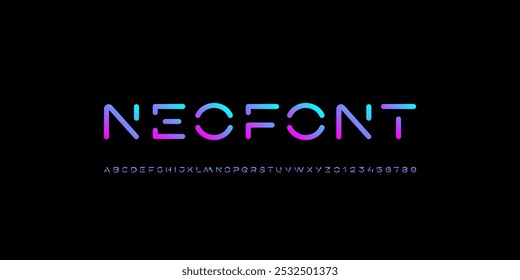 Fonte de tecnologia, alfabeto cibernético digital feito estilo de espaço futuro, letras brilhantes neon A, B, C, D, E, F, G, H, I, J, K, L, M, N, O, P, Q, R, S, T, U, V, W, X, Y, Z e numerais 0, 1, 2, 3, 4, 5, 6, 7, 8