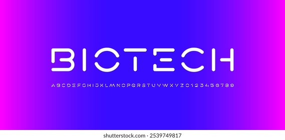 Technologie-Schriftart, digitales Cyber-Alphabet gemacht Futurismus Stil, Buchstaben A, B, C, D, E, F, G, H, I, J, K, L, M, N, O, P, Q, R, S, T, U, V, W, X, Y, Z und Ziffern 0, 1, 2, 3, 4, 5, 6, 7, 8, 9 Raum-Stil.