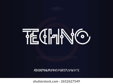 Fonte de tecnologia, alfabeto cibernético digital feito estilo de espaço futuro, letras brilhantes neon A, B, C, D, E, F, G, H, I, J, K, L, M, N, O, P, Q, R, S, T, U, V, W, X, Y, Z e numerais 0, 1, 2, 3, 4, 5, 6, 7, 8