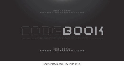 Technologie-Schriftart, digitale Cyber-Alphabet Sport Stil, Buchstaben A, B, C, D, E, F, G, H, I, J, K, L, M, N, O, P, Q, R, S, T, U, V, W, X, Y, Z und Ziffern 0, 1, 2, 3, 4, 5, 6, 7, 8, 9.