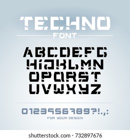 Technology font. Geometric, sport, futuristic, future techno alphabet. Letters and numbers for military, industrial, hi-tech logo design. Modern minimalistic vector typeface