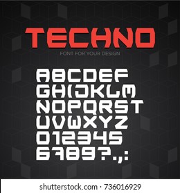 Technology font. Geometric, sport, futuristic, future techno alphabet. Letters and numbers for military, industrial, hi-tech logo design. Modern minimalistic vector typeface
