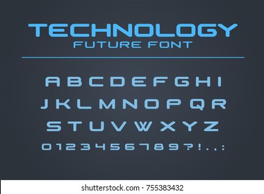 Technology font. Geometric, sport, futuristic, future alphabet. Cool letters and numbers for military, industrial, hi-tech logo design. Modern minimalistic vector abc typeface 