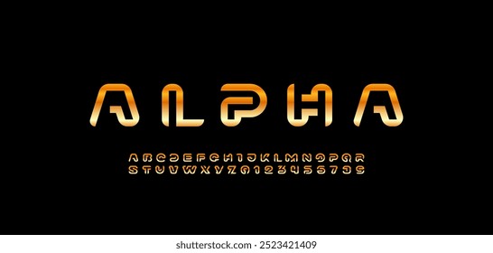 Technologie-Schriftart goldenes Alphabet, goldene Buchstaben A, B, C, D, E, F, G, H, I, J, K, L, M, N, O, P, Q, R, S, T, U, V, W, X, Y, Z und Ziffern 0, 1, 2, 3, 4, 5, 6, 7, 8, 9