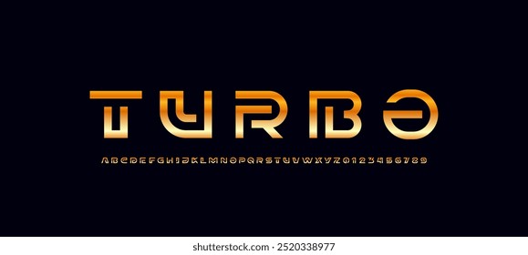 Tecnologia fonte alfabeto dourado a partir de linha de segmento grosso, letras douradas A, B, C, D, E, F, G, H, I, J, K, L, M, N, O, P, Q, R, S, T, U, V, W, X, Y, Z e os algarismos 0, 1, 2, 3, 4, 5, 6, 7, 8, 9