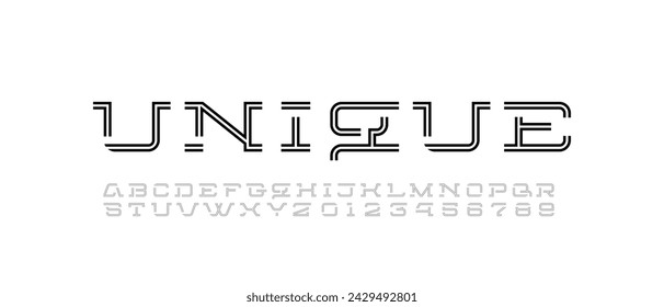 Technologie-Schriftart, Serifenschrift der Platte, geschnittene Buchstaben A, B, C, D, E, F, G, H, I, J, K, L, M, N, O, P, Q, R, S, T, U, V, W, X, Y, Z und Zahlen 0, 1, 2, 3, 4, 5, 6, 7, 8, 9 Streifenstil