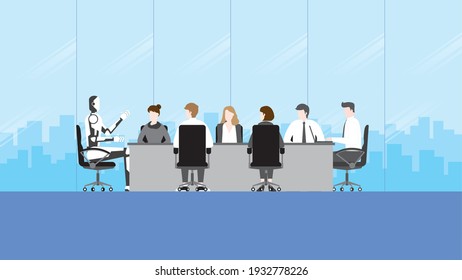 Technology In Future Business Concept. People And Artificial Intelligence Futuristic Mechanism Robot Working Together As Teamwork During Business Meeting In Office Conference Room. Flat Design Style.