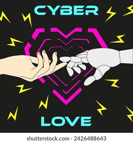 Technology future concept. Cyber love. Banner with Human and Robot hand in trendy cartoon style. Vector illustration can used web poster card flyer EPS 10 Editable stroke.