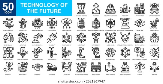 Technology of the future icon collection set. Digital transformation, digital revolution, artificial intellegence, automation, robotics icon. Simple line vector.