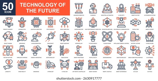 Technology of the future icon collection set. Digital transformation, digital revolution, artificial intellegence, automation, robotics icon. Simple line color vector.