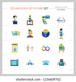 Technology Of Future Icon Set. Virtual Glasses Exoskeleton Flexible Display Pressing Button VR Gaming Smartwatch Augmented Reality Self-driving Car Virtual Reality On Coming Out Hologram