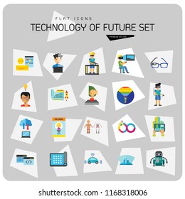 Technology Of Future Icon Set. Virtual Glasses Exoskeleton Flexible Display Pressing Button VR Gaming Smartwatch Augmented Reality Self-driving Car Virtual Reality On Coming Out Hologram