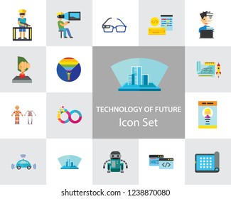 Technology Of Future Icon Set. Virtual Glasses Exoskeleton Flexible Display Pressing Button VR Gaming Smartwatch Augmented Reality Self-driving Car Virtual Reality On Coming Out Hologram