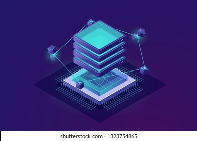 The technology of the future isometric icon, big data processing abstract concept, server room, cloud computing, progress of data science, exchange of information vector illustration