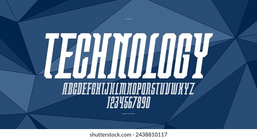 Technology and future style display font for logos and posters, vector typeface in modern minimal style, geometric design alphabet letters and numbers, high-tech, italic version.