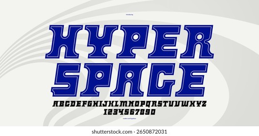 Technology and future style display font for logos and posters, vector typeface in modern minimal style, geometric design alphabet letters and numbers, high-tech, italic version.