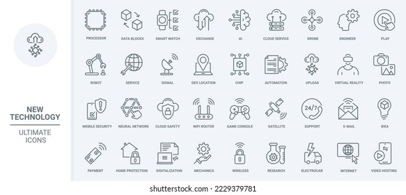 Technology of future thin line icons set vector illustration. Outline modern innovations for smart home digitization, AI and neural network, robots and drones, security service for digital data