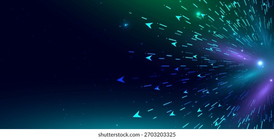 Tecnologia de linhas de seta futurista diagonal em fundo verde e azul com efeito de iluminação. Conceito de dados de análise científica. Ilustração vetorial