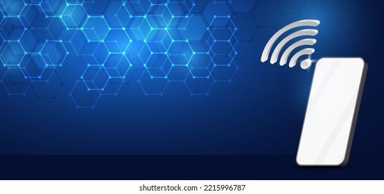 Technology and futuristic background with smartphone, Wi-Fi symbol on blue background. Vector illustration