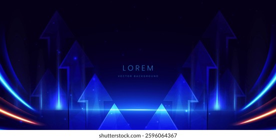 Technology futuristic glowing arrow neon blue light ray on dark blue background. Concept communication, technology motion hi-speed. Vector illustration