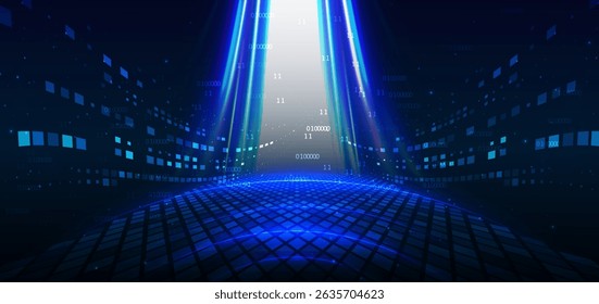 Technology futuristic glowing lines neon blue light ray on dark blue background with square pattern digital element. Scence background digital data. Vector illustration