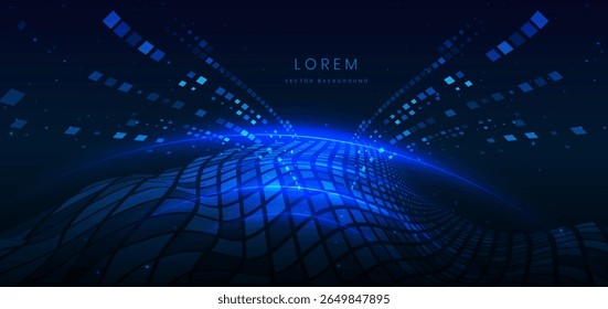 Technology futuristic glowing lines neon blue light ray on dark blue background with square pattern digital element. Scence background digital data. Vector illustration