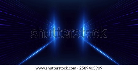 Technology futuristic glowing lines neon blue light ray on dark blue background. Digital data center element. Vector illustration