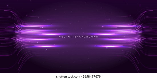 Tecnología futurista líneas púrpuras Horizontales que brillan sobre fondo púrpura oscuro. Concepto de red de big data de alta velocidad de Internet. Ilustración vectorial