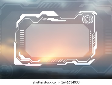 Technology futuristic HUD display interface on blurred sunset background. Abstract sci-fi vector design